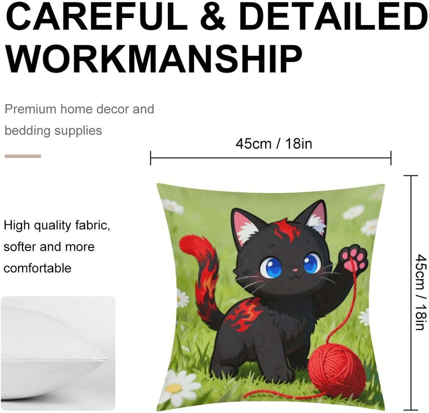 Black Red Kitten Pillow Protectors Cute Waterproof Pillow Cover Soft Skin-Friendly Cushion Case Decorative Square Cushion Cover for Couch Sofa Bed Living Room Bedroom