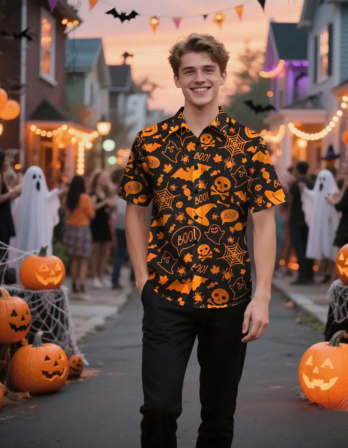 Halloween Shirts for Men Funny Ghost Skull Graphic Button Down Hawaiian Shirt Holiday Palm Beach Tropical Clothes - Image 3