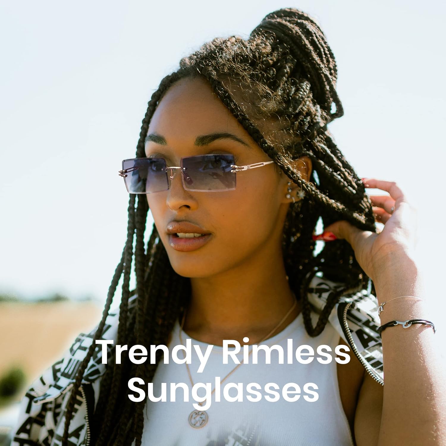 Cyxus Rimless Rectangle Sunglasses Tinted Frameless Eyewear Vintage Transparent Rectangle Y2K Glasses for Women Men - Image 5