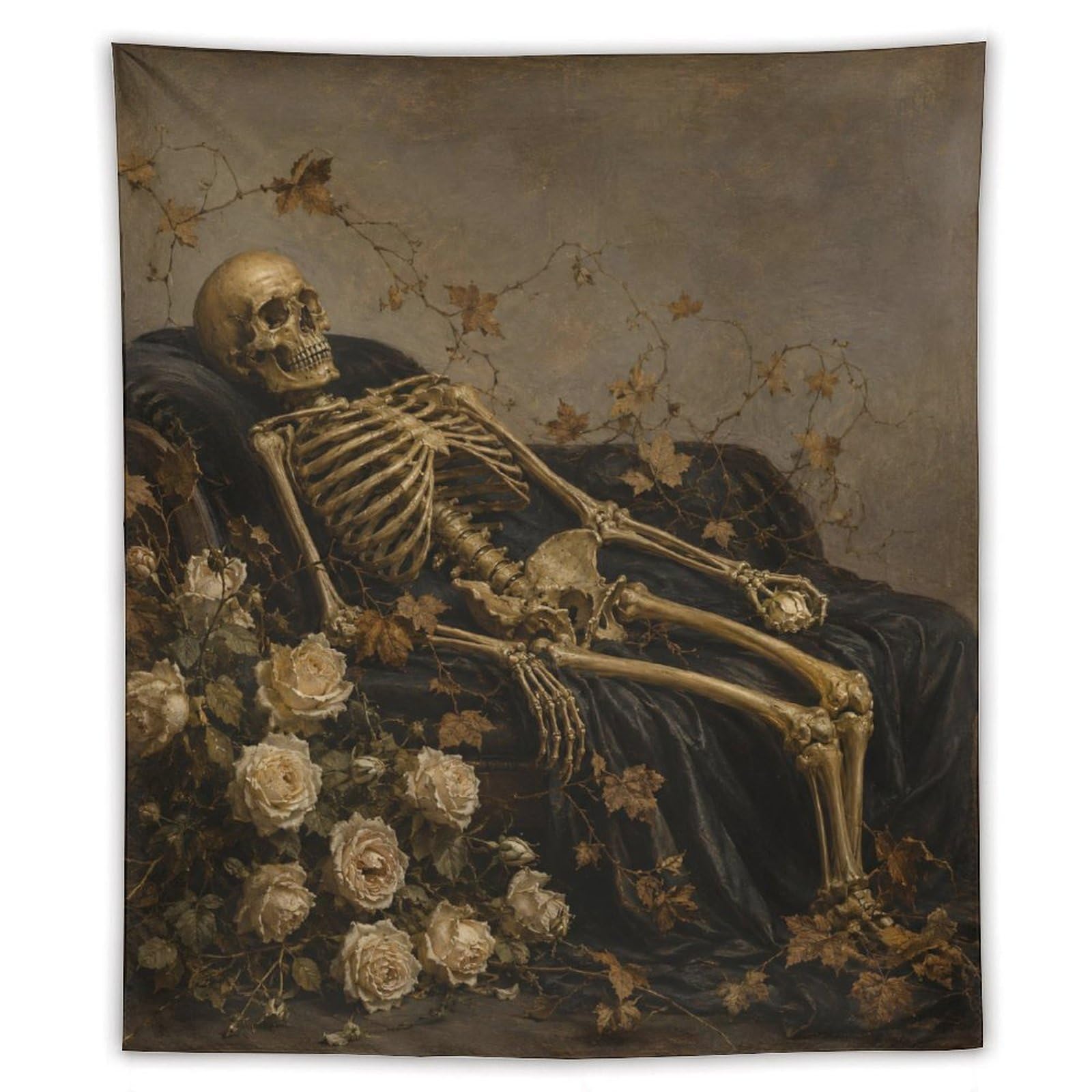 H3B8U2Y5 Skeleton with Roses Wall Tapestry, Gothic Oil Style, Gothic Art