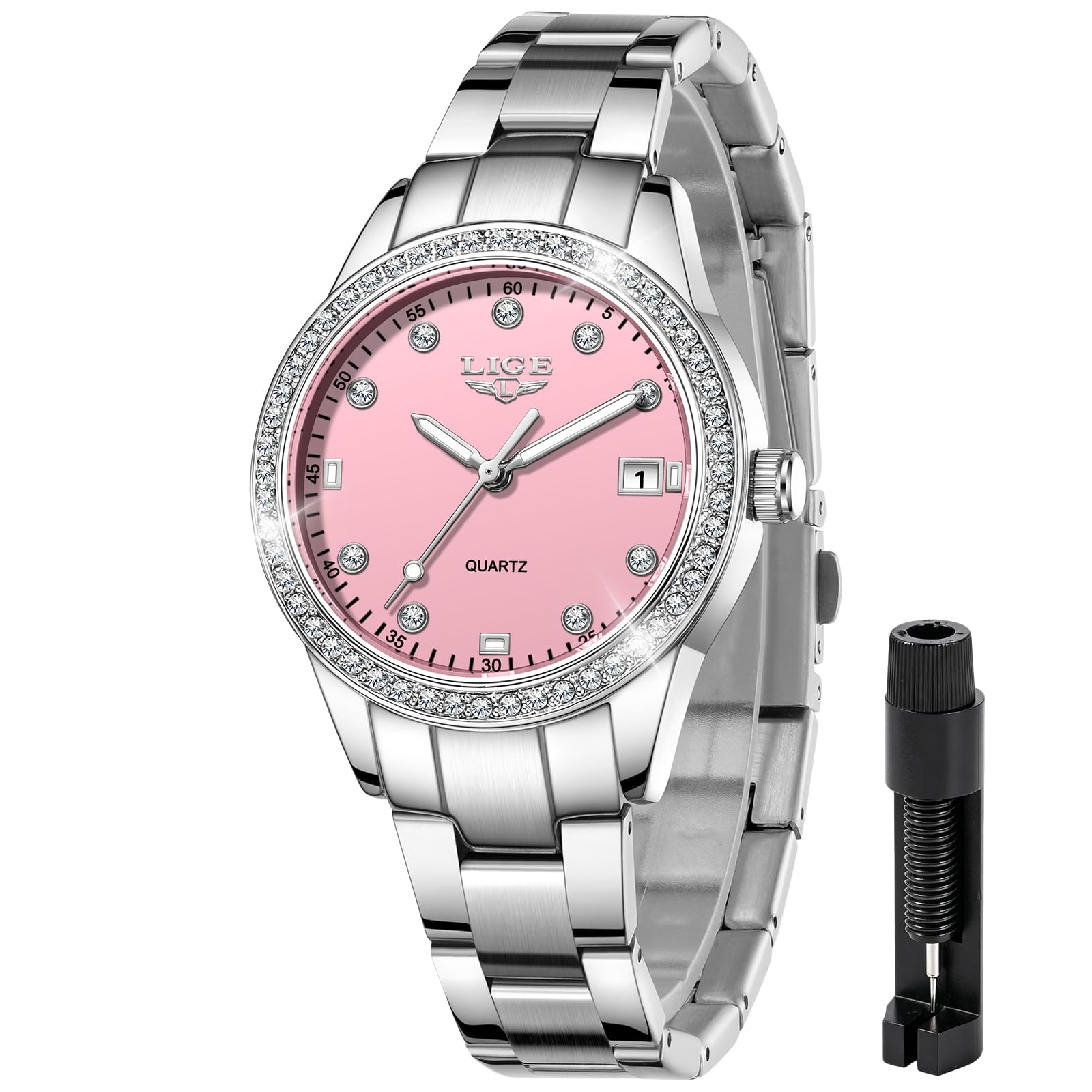 LIGE Damen Armbanduhr Quarz Analog Kristall Lünette 34mm Zifferblatt | mit Silber Metallarmband Leuchtzeiger Datumsanzeige 30M Wasserdicht Kratzfest Glas Luxus Mode Uhr Geschenk für Frauen