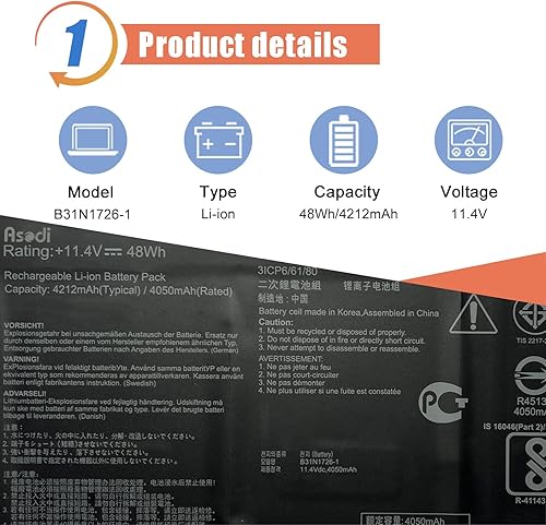 Miniatura 2 de ASODI B31N1726-1 B31N1726 - Batería para portátil compatible con ASUS TUF Gaming FX505 FX80 Series B31BN91 0B200-02910200 11.4V 48Wh 4212mAh