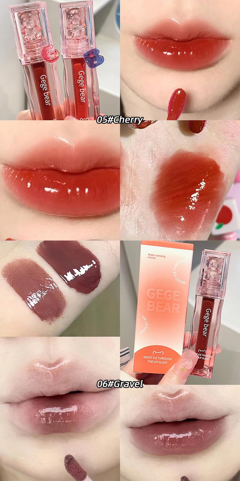 Gege Bear Moist Ice Through the Lip Glaze | Hydrating Watery Lip Gloss | High-Pigment, Long-Lasting Liquid Lip Color | Non-Sticky, Lightweight Lip Tint | Mirror Shine Gloss with Moisturizing Formula | Waterproof, Smudge-Proof Lip Glaze for Women | Korean Beauty Vibrant Lip Makeup 3g (#5, 3g) 2