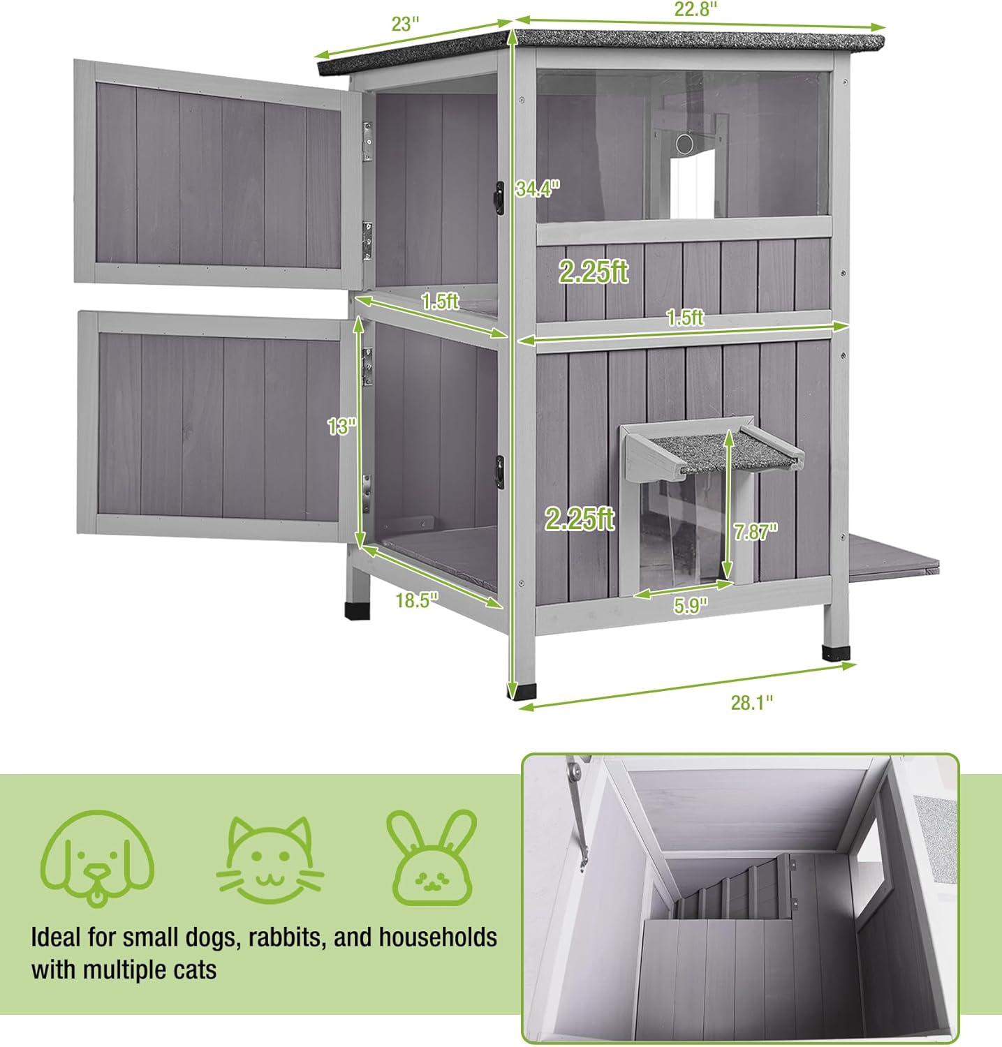 GUTINNEEN 2 Story Wooden Outdoor Cat House Weatherproof with Escape Doors, Openable Roof, Feral Cat Shelter with Elevated Base & Acrylic Window
