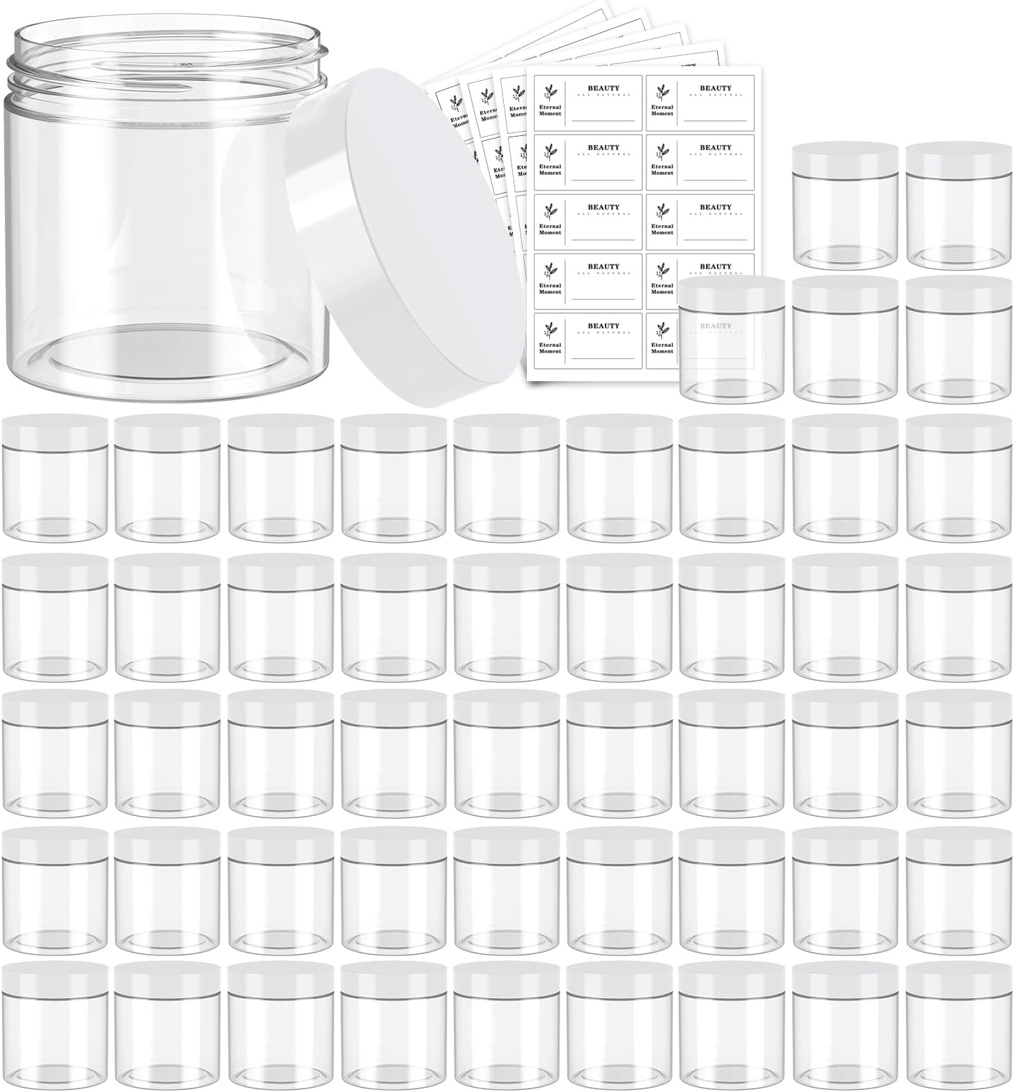 50 Pack 4 OZ Plastic Jars Round Clear Cosmetic Container with White Lids, Eternal Moment Slime Jars for Lotion, Cream, Ointments, Makeup, Eye shadow, Rhinestone, Samples, Pot, Travel Storage