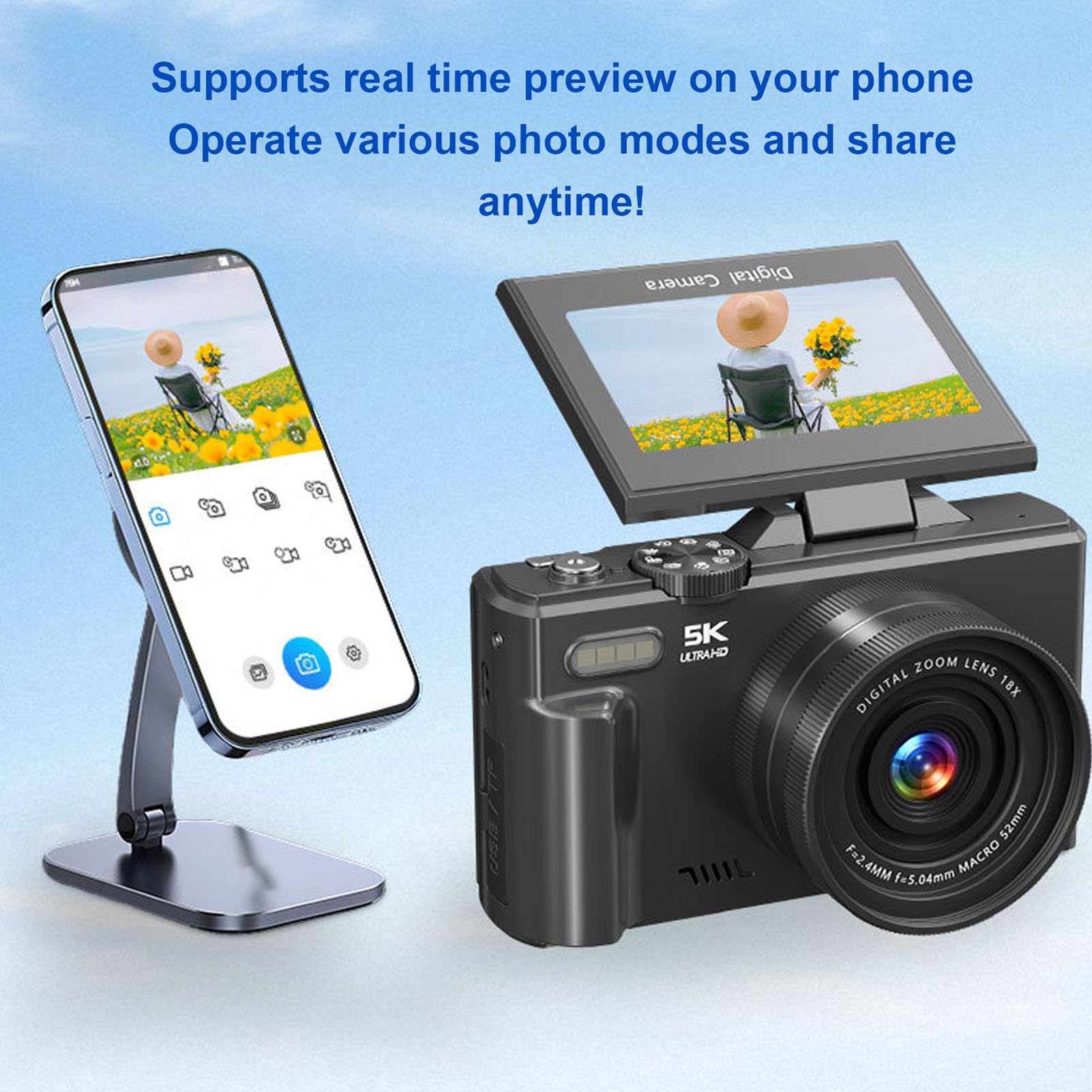 Camera Digitale 5k 75 MP con WiFi, Autofocus Zoom 18x, Schermo di Lancio da 3 Pollici, Fotocamera Vlogging con Carta da 32 GB