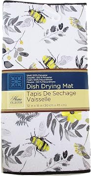 Show-Offs Summer Patterned Dish Drying Mat - Bees and Flowers - 12 x 18 Inches, Medium, White