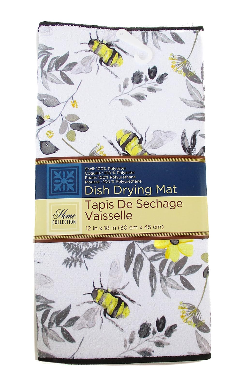 Show-Offs Summer Patterned Dish Drying Mat - Bees and Flowers - 12 x 18 Inches, Medium, White