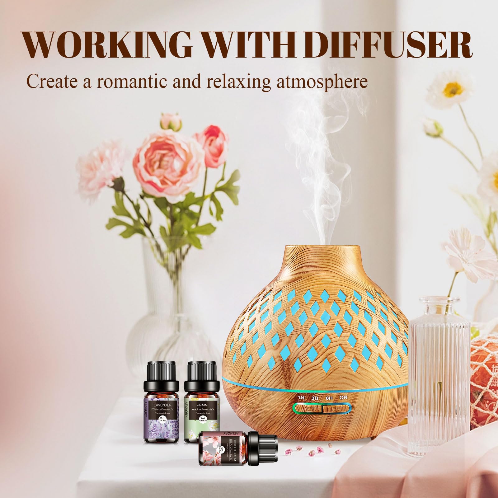 AESHORY Floreali Oli Essenziali per Diffusori 6 x 10ML, Set di Olio Essenziale di Aromaterapia Naturale al 100% per Massaggio, SPA - Lavanda, Rosa, Tè Bianco, Fiori di Ciliegio, Gelsomino, Ylang Ylang