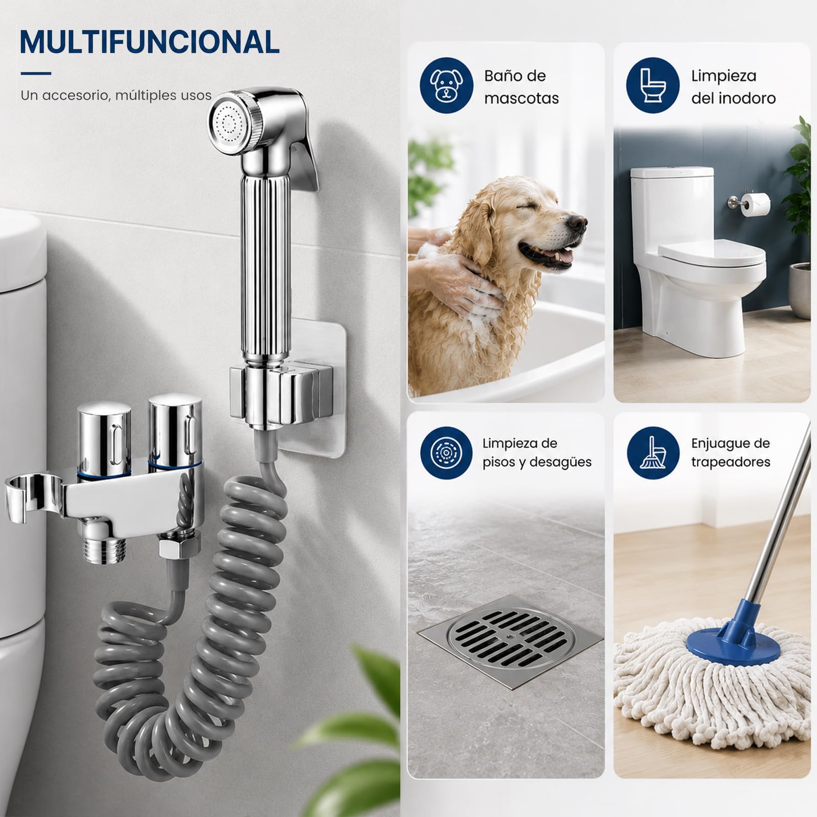 Ducha Higiénica WC con Soporte Integrado, Grifo Bidet de Latón con Manguera Espiral 1.5m, Fácil Instalación sin Obras, Pulverizador para Baño y Limpieza (Kit Actualizado)