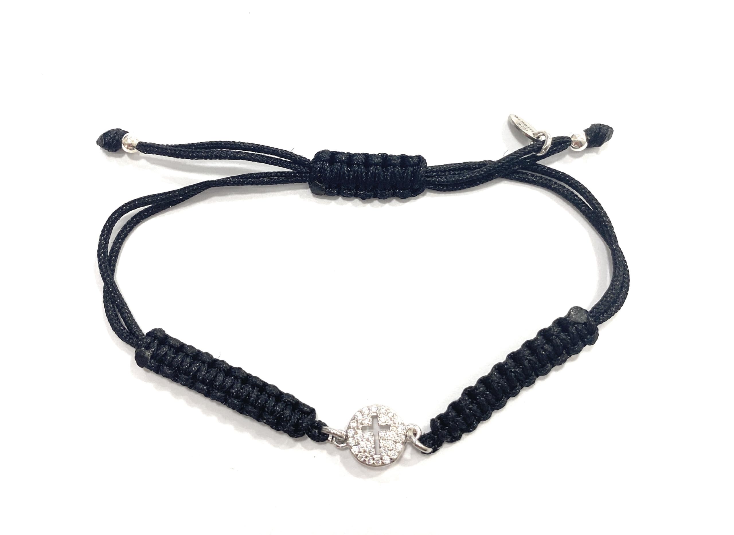 Bracciale in argento sterling con croce di zirconi e macrame, Argento sterling