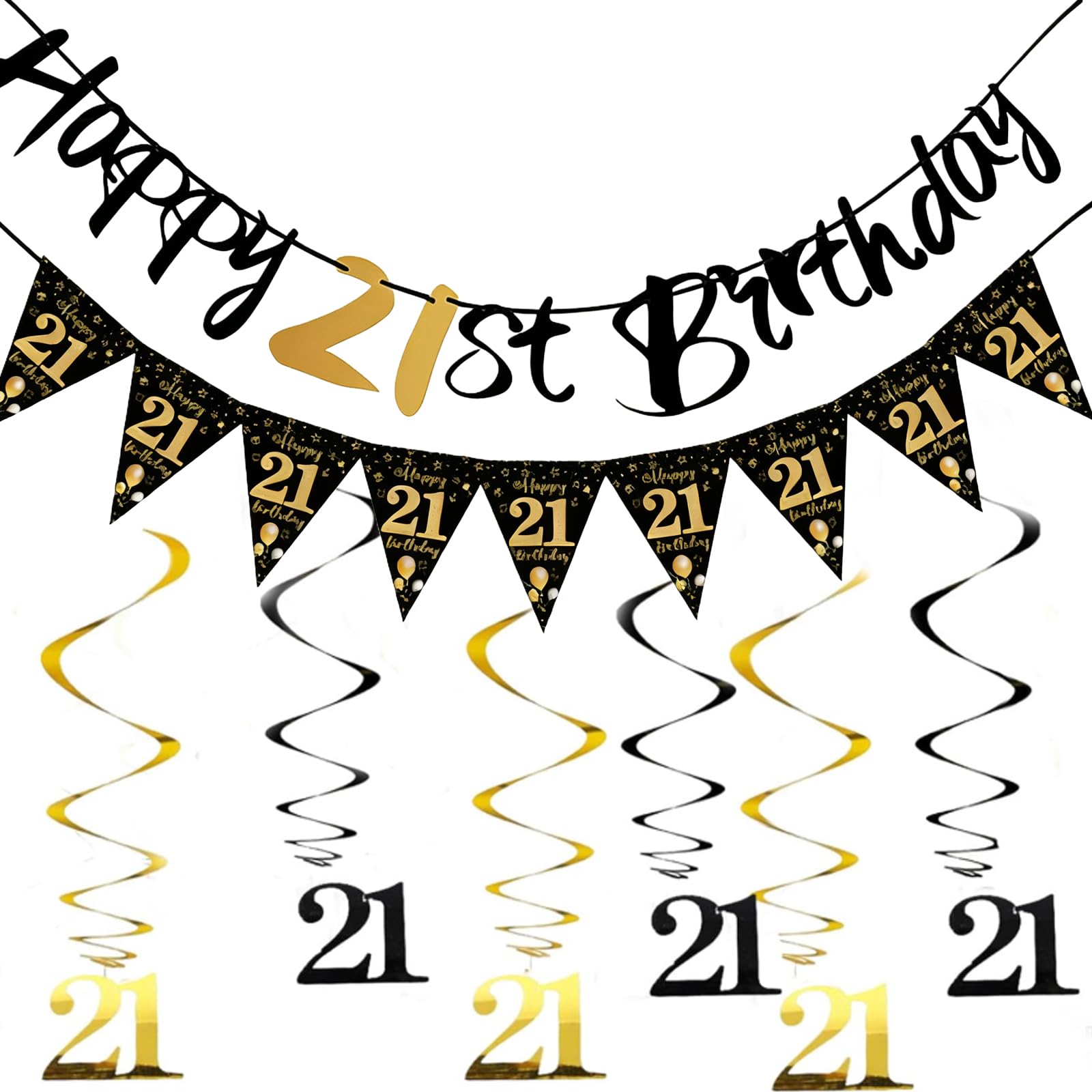 SANTUO Black Gold 21st Birthday Decorations Banner and Bunting Set Elegant Triangle Flags with 6 Hanging Swirl Streamers for a Themed Party, Ideal Birthday Decor for Him Her, The Perfect Party Supply