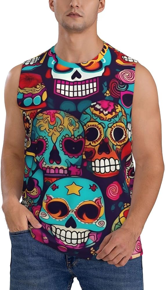Sugar Skulls Print Men's Tank Tops,Sleeveless Shirts for Men,Perfect for Gym and Outdoor Activities