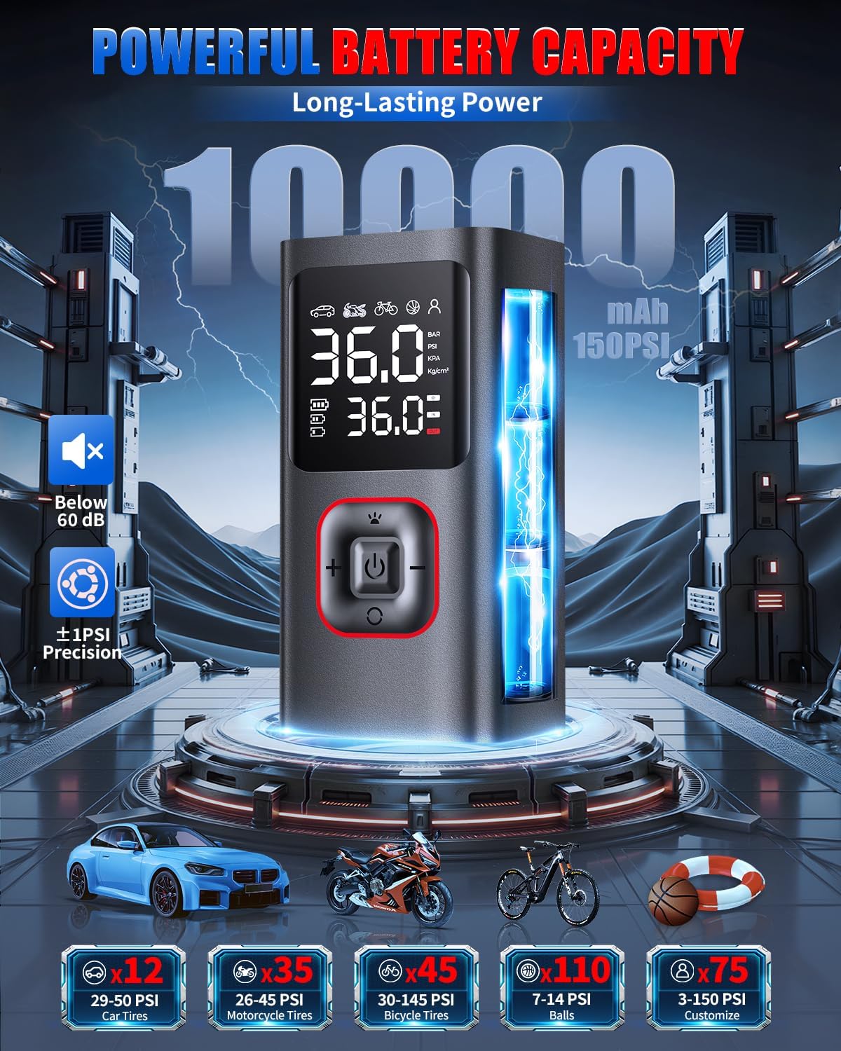 Tire Inflator Portable Air Compressor Cordless Tire Air Pump for Car 150PSI Mini Smart Inflator Fast Inflation and Auto Shutoff with Digital Pressure Gauge LED Light USB Port for Bike Motorcycle Ball