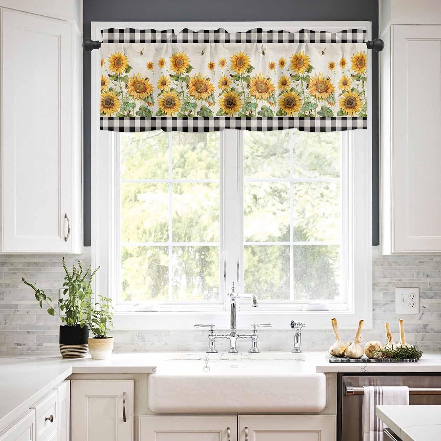 Kitchen Window Valance and Tier Curtains 3 Pieces Set Rustic Yellow Sunflower Botanical Rod Pocket Valances Tiers Short Cafe Curtain Privacy Window Treatment for Bedroom Black White Buffalo Check