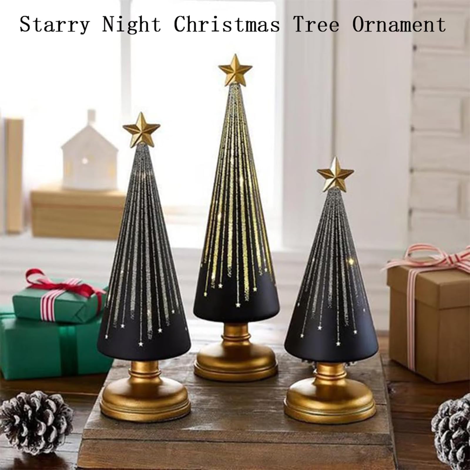 Timer Lighted Sparkling Starry Night Glass Trees,3 Stück Starry Night Bäume,Gradient Glass Weihnachtsbaum Mit LED-Licht,Festliche Lebkuchen-Design Dekoration Für Resin-Weihnachtsanhänger-Black||3pcs