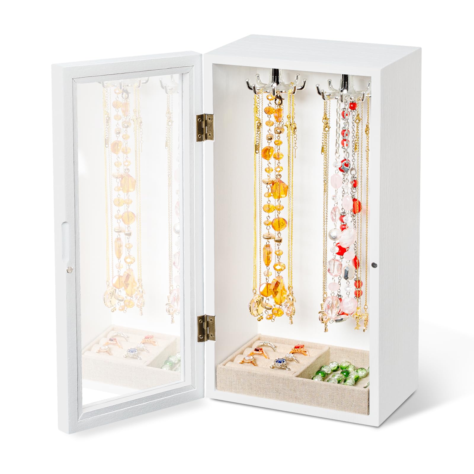 Porte colliers, présentoir bijoux en bois pour femmes, boîte de rangement rotative avec plateau à bagues, présentoir et rangement pour colliers, bracelets, bagues（Blanc）