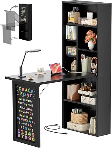 Armocity Escritorio plegable pequeño con tomacorrientes, escritorio convertible para espacios pequeños/oficina en casa/sala de manualidades, Negro