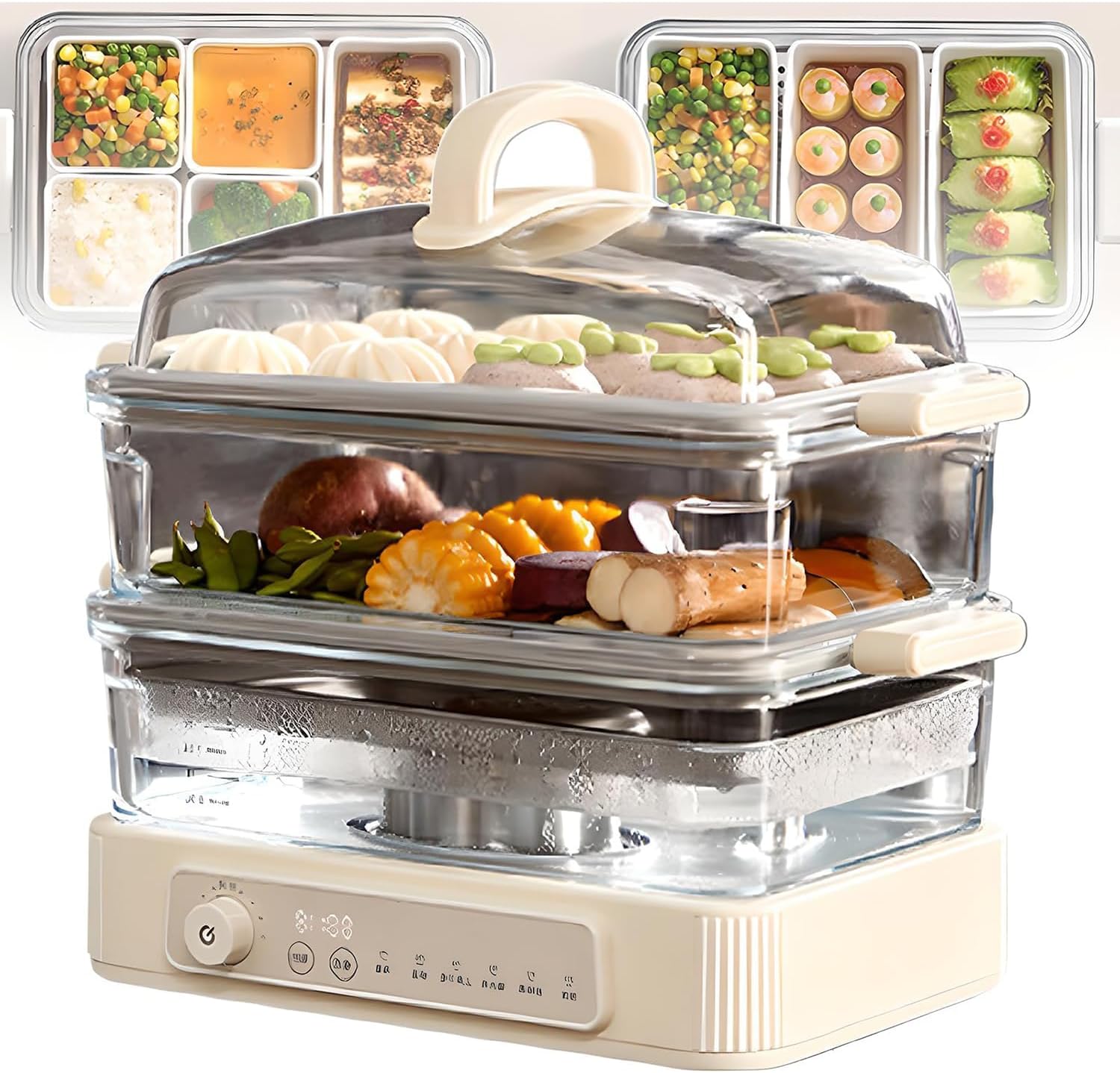 Electric Food Steamer - 2L Glass Water Tank, 304 Stainless Steel Tray, 12-Hour Keep Warm Delay Timer - Multifunctional Steam Cooker for Vegetables, Meats, Grains