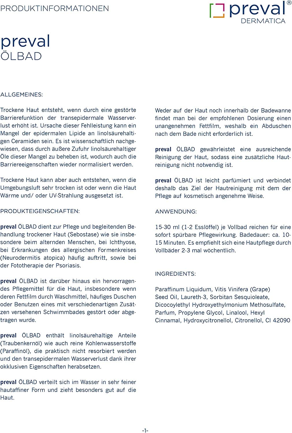 preval® ÖLBAD | Rückfettendes Emulsionsbad für trockene und empfindliche Haut (1l)