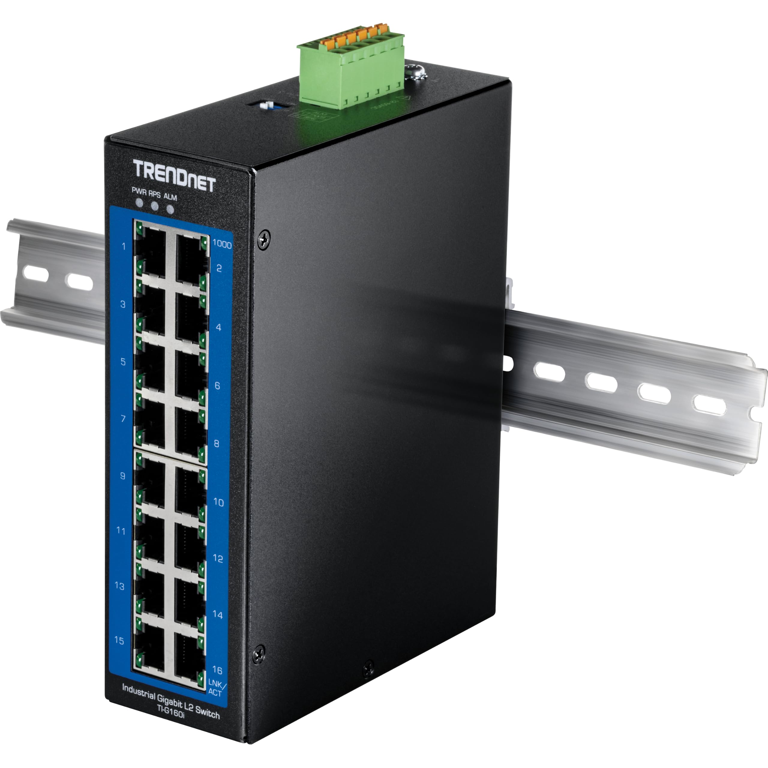 TRENDnet, TI-G160i, 16-Port industrieller Gigabit L2 Managed DIN-Rail Switch, Layer 2 Switch, 16 x Gigabit Ports, 32Gbps Switching-Kapazität | 16 x Gigabit-Ports, 32 Gbit/s Schaltkapazität, NDAA- und TAA-konform, 32 Gbit/s Schaltkapazität, schwarz