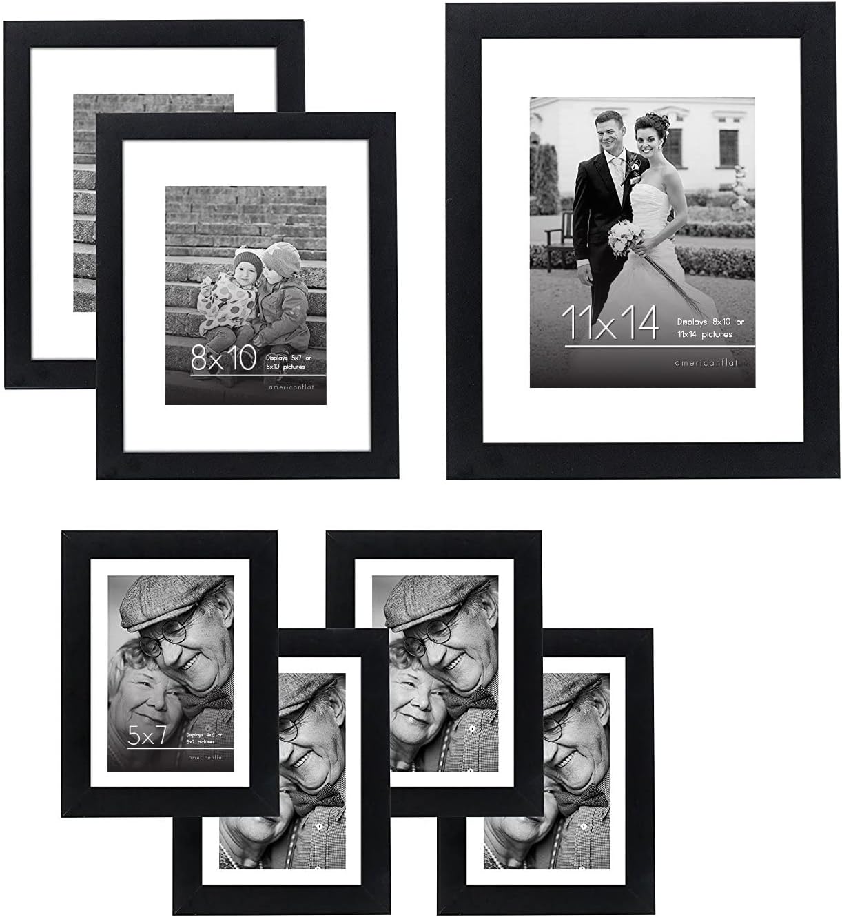 Americanflat Set of 7 Picture Frames with Shatter-Resistant Glass - Gallery Wall Frame Set with One 11x14, Two 8x10 and Four 5x7 Frames - Signature Collection - Black