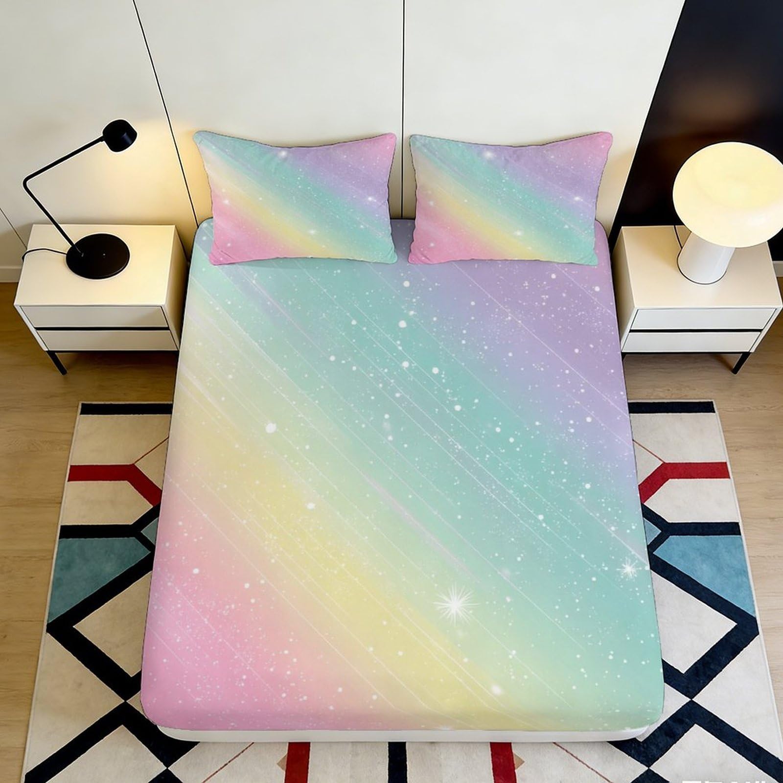 3D Printed Pastel Galaxy Fitted Sheet Microfiber Soft Rainbow Nebula Bed Cover for Bedroom Dorm Room Decor Easy Care 90x200x25cm