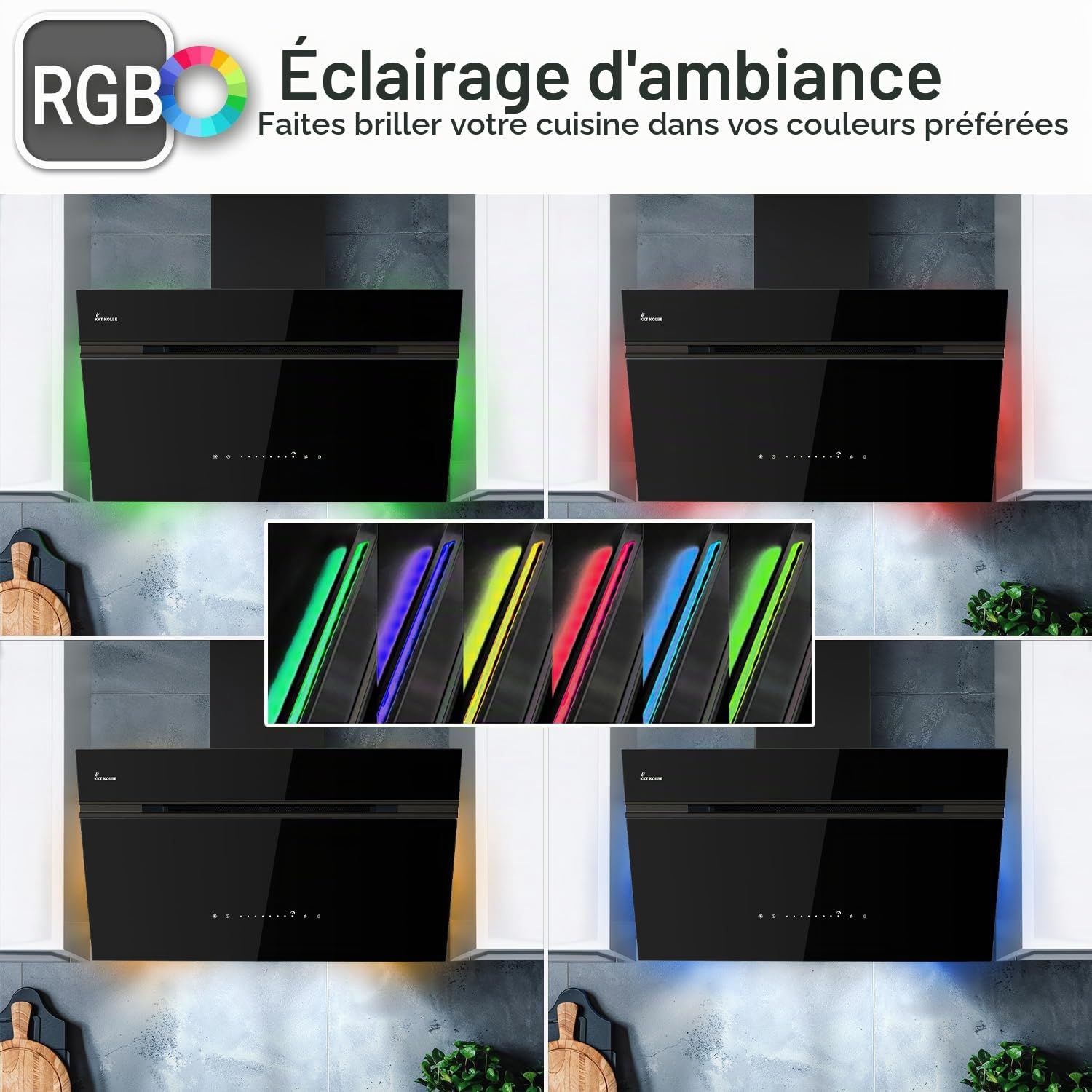 KKT KOLBE AURORA9005FB Hotte aspirante 90 cm 782 m³/h à recirculation d'air évacuée Hotte murale sans tête | Noir | Verre | Fonction de suivi automatique | Application Smart WiFi | SensorTouch |
