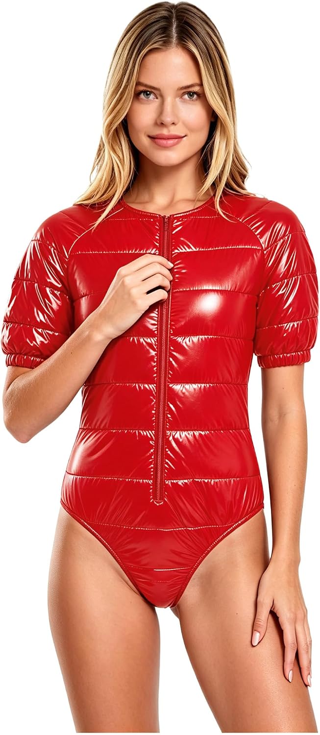 Women Plastic Padding Shiny Quilted Puffer Bodysuit Coat