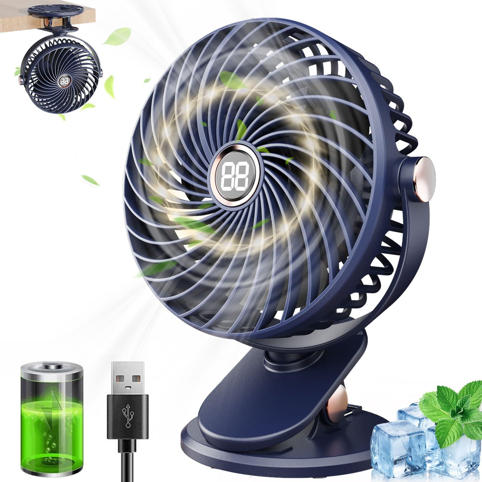 Ventilateur de Bureau, Mini Ventilateur USB Silencieux avec Écran LCD, 6000mAh Ventilateur Pince 5 Vitesses Rotation 720°, Petit Ventilateur Portable Rechargeable pour Bureau Maison Camping(Bleu)