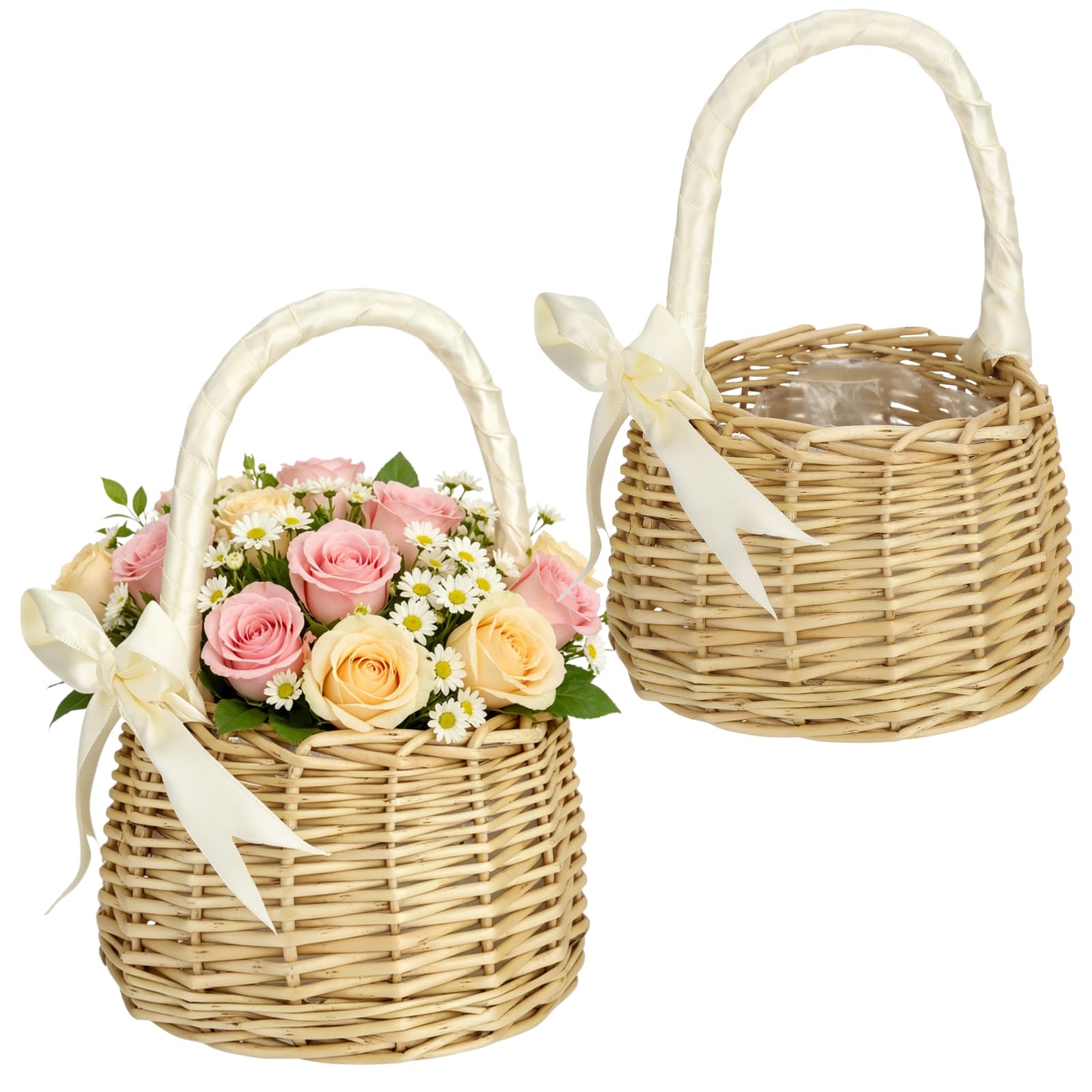 Calolin 2 Pcs Wicker Flower Baskets, Handwoven Rustic Storage Containers with Portable Handle & Ribbon Accent, Waterproof Liner, 5.1 x 7.5 Inch, for Home Decor, Weddings, Floral Arrangements, Picnics