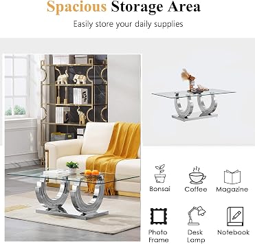 2 Piece Glass Coffee Table Set, Modern Living Room Table Set, Coffee Table with Side Table, Coffee and End Table Sets for Living Room, Tempered Glass Top & Geometric Shape Stainless Steel Leg, Silver