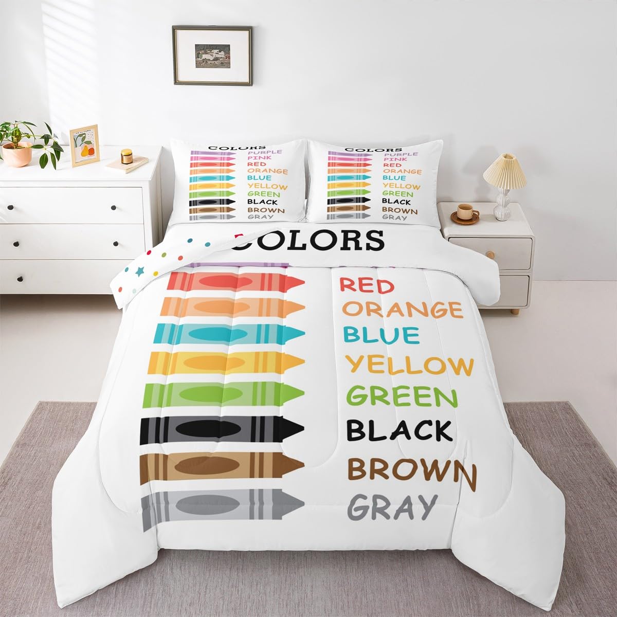 Feelyou Kids Colors Learning Duvet Insert King Size, Educational Comforter Set Boys Girls Preschool Bedding Set Kindergarten Teens Bedroom Decor Bed Set 3Pcs