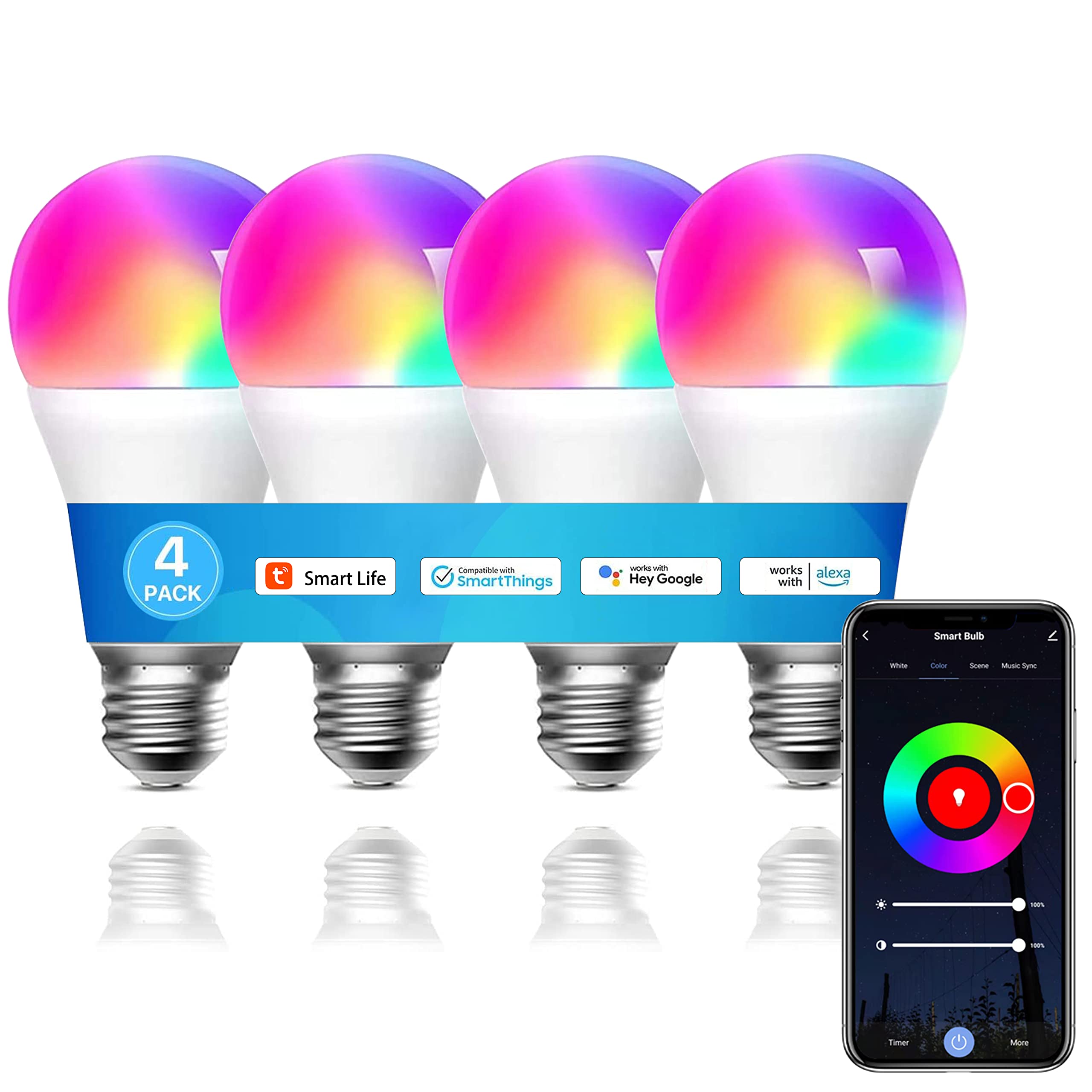 Smart Bulb, Smart Light Bulbs, 850Lm E27 9W Dimmable Wi-Fi Colour Changing Light RGB Bulbs, Work with Alexa, Remote Control, Voice Control, Garage Lights (4 Pack)