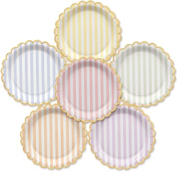 Party Paper Plates, 50-Pack 9-Inch Bulk Disposable Decorative Paper Plates with Gold Scalloped Trim, 6 Colors for Tea Party, Easter, Garden Party, and Bridal Showers, Gilded Pastel Stripeworks