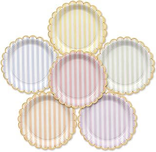 Party Paper Plates, 50-Pack 9-Inch Bulk Disposable Decorative Paper Plates with Gold Scalloped Trim, 6 Colors for Tea Party, Easter, Garden Party, and Bridal Showers, Gilded Pastel Stripeworks