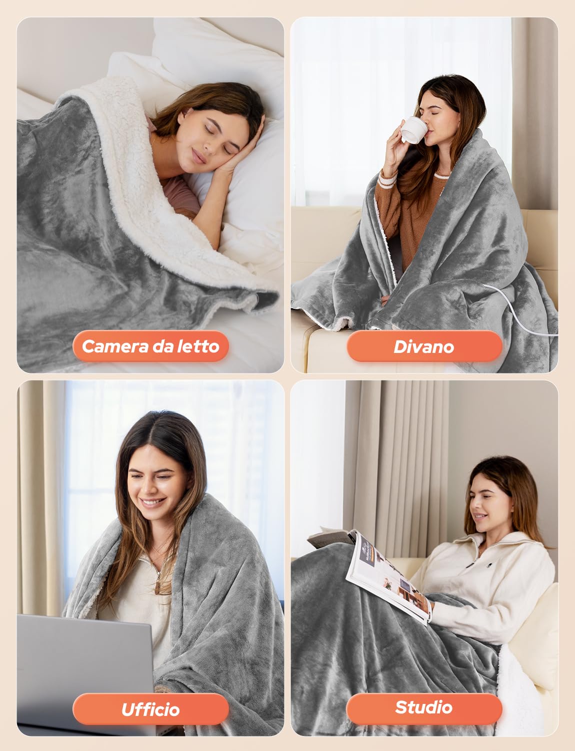 Coperta Termica Elettrica 200x180cm,Schermo LED-10 Livelli Temperatura,9 Impostazioni di Timer, Microfibra+Pile di Agnello,Lavabile,Riscaldamento Rapido,Spegnimento,Automatico-Grigio Chiaro