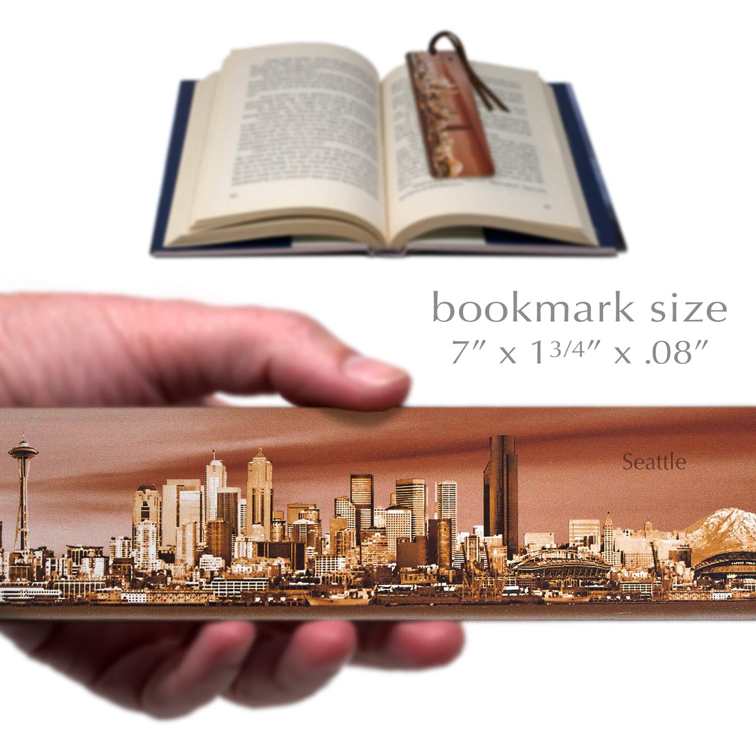 Seattle Skyline Wooden Bookmark - Moonlit Cityscape With Suede Tassel, Made In USA