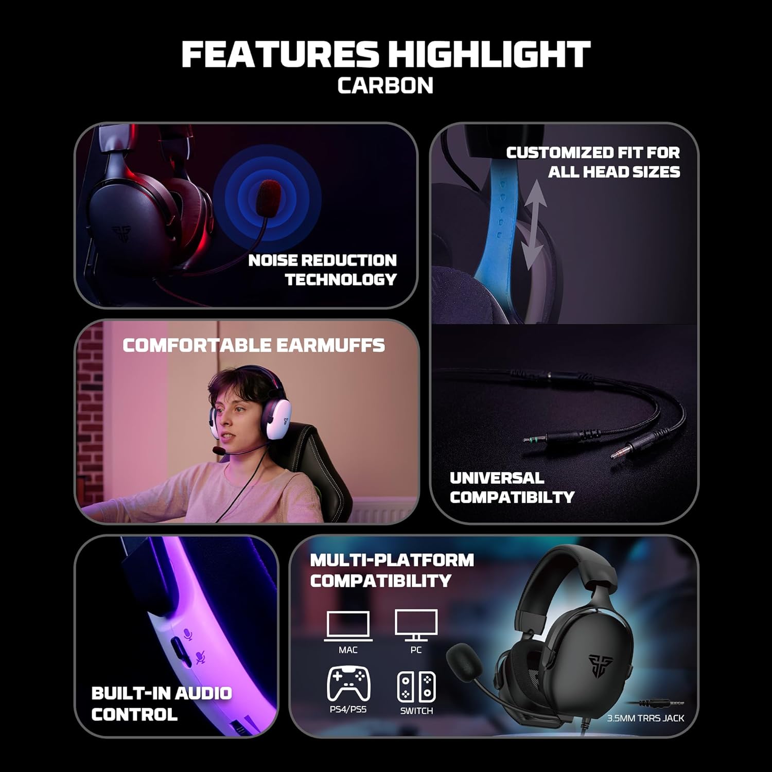 FANTECH Carbon MH92 Multi-Platform Gaming Headset with Noise Cancelling Microphone, 3.5mm Wired, Adjustable Steel Headband for PC, PS4, PS5, Switch, Xbox - Carbon Noise Reduction Technology