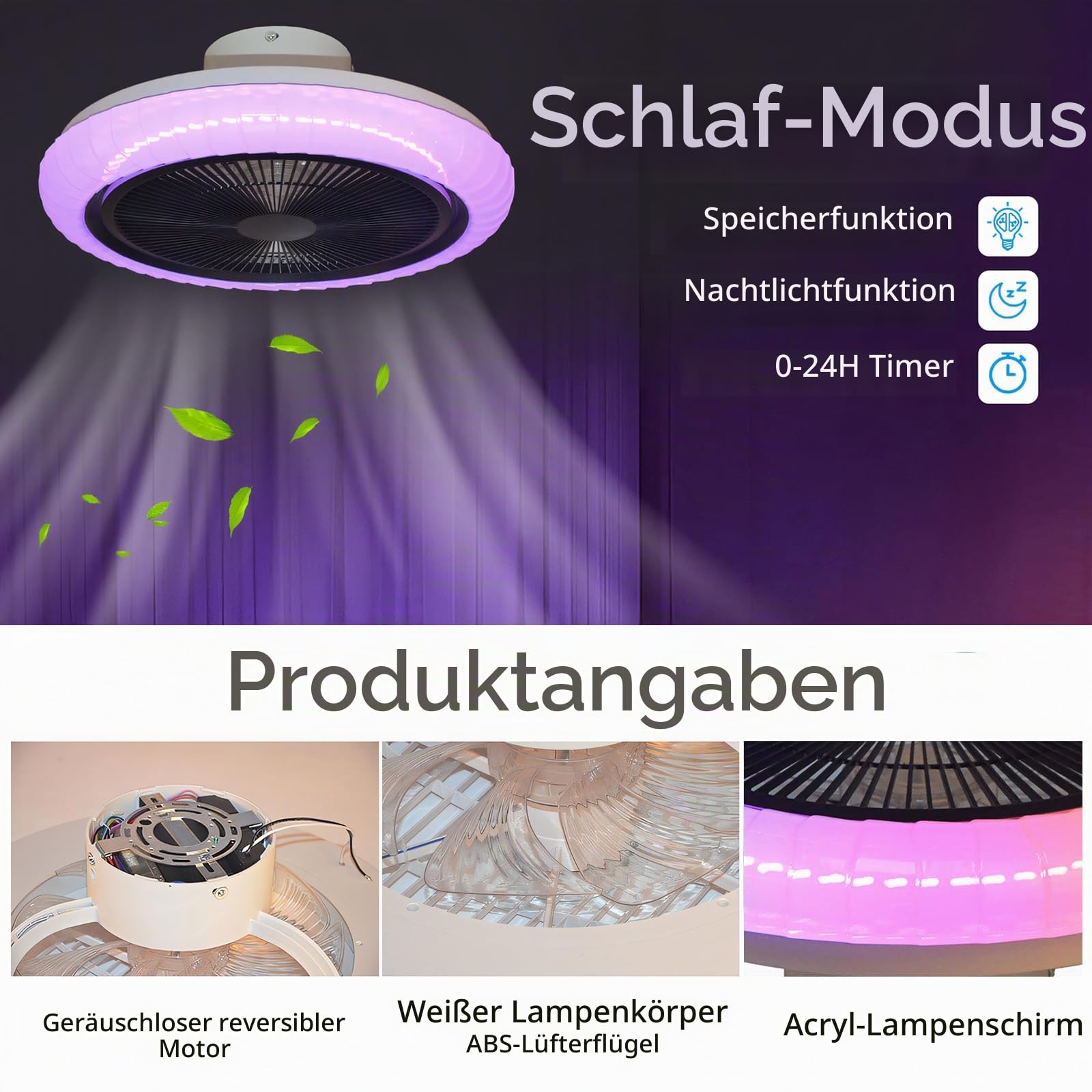Deckenventilator Mit Beleuchtung Und Fernbedienung Leise RGB 36w Ventilator Lampe App Alexa Reversibel Dimmbar LED Farbwechsel Timer Schlafzimmer Wohnzimmer 50cm Smart 6 Speed