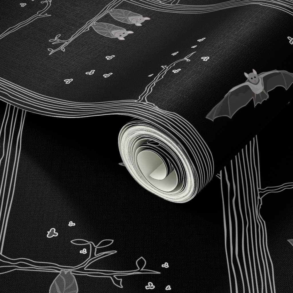 Peel & Stick Wallpaper Swatch - Gray Bats Halloween Tree Spooky Black Fireflies Night Custom Removable Wallpaper by Spoonflower