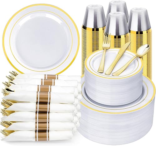 Miniatura 7 de Juego de vajilla de plástico dorado transparente de 175 piezas, platos de fiesta desechables para 25 invitados, incluye 50 platos de plástico, 25