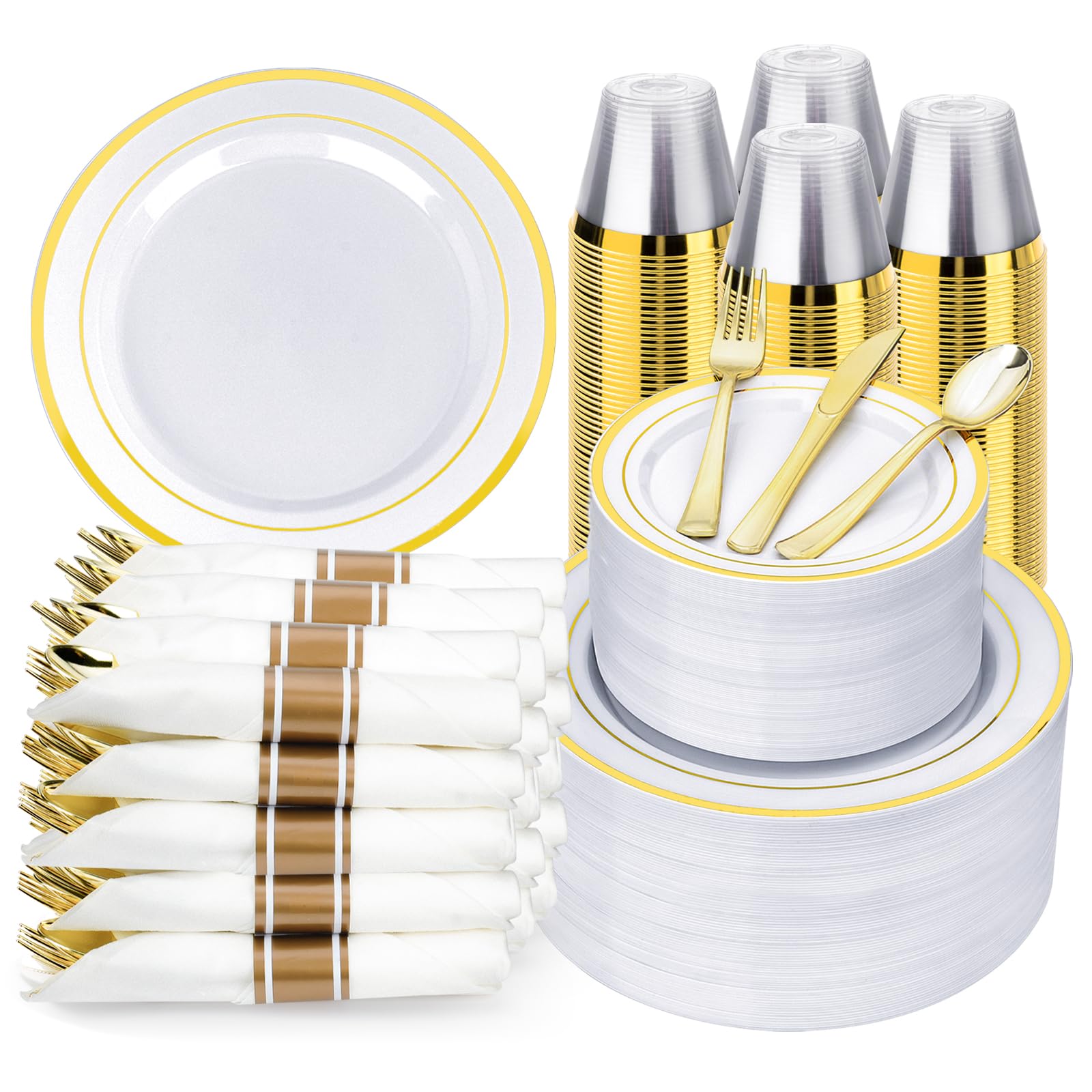 BESTVIP 700 Piece Gold Plastic Dinnerware Set for 100 Guests