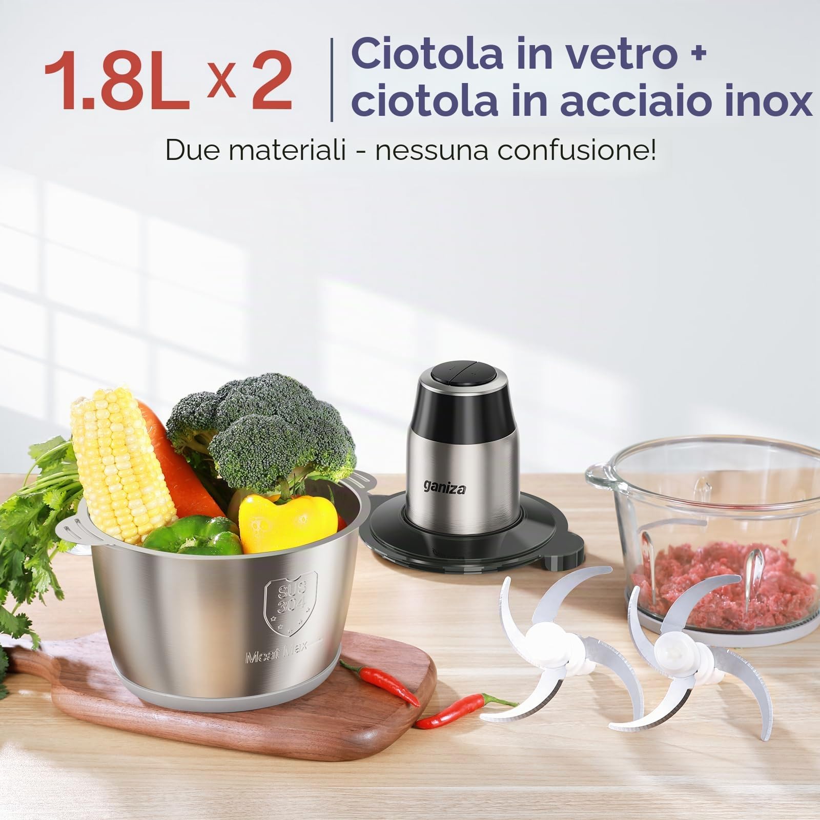 Ganiza Tritatutto elettrico da cucina 500 W, robot tritatutto con 2 ciotole da 1,8 l + 1,8 l, 2 doppie lame, 2 velocità, mini tritatutto elettrico per carne, verdure, noci