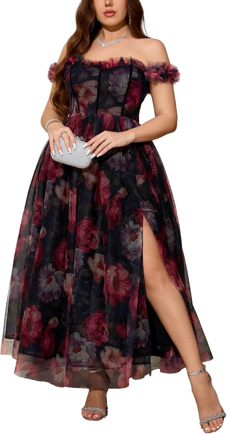 EYWOL Women's Floral Wedding Guest Dress Off Shoulder Split Tulle Cocktail Party Formal Maxi Dresses
