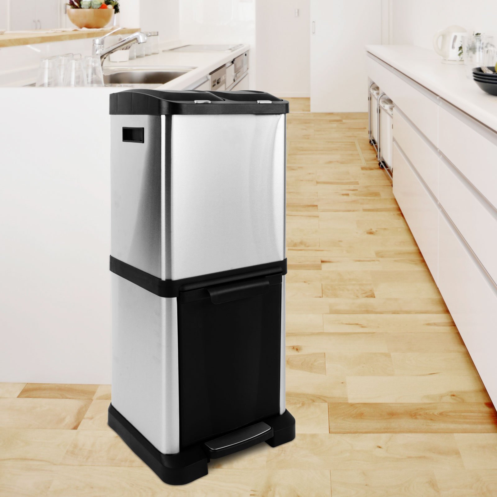 KARAT Pattumiera con 3 scomparti, 2 x 8 litri + 1 x 16 litri, secchio interno rimovibile con manico, apertura a pedale, sistema di raccolta differenziata, pattumiera per ufficio e cucina (James)