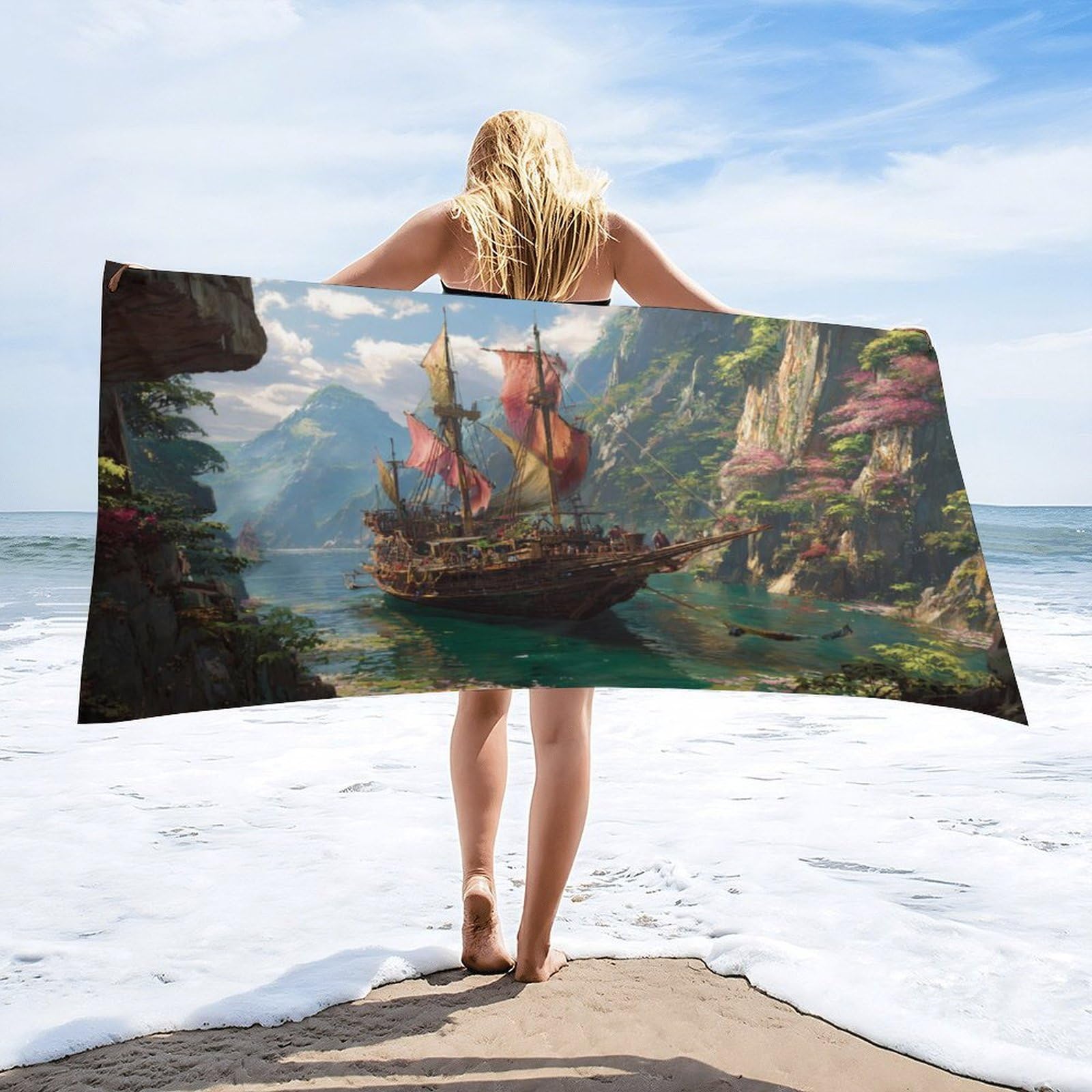 Luyysky Vintage Classic Pirate Ship Quick-Drying Beach Towel, Rustic Watercolor Nautical Tropical Cliff Sea Boat Plant Flowers Travel Vacation Single Sided Pile Bathroom Towels-80 W Cm X 160" L Cm