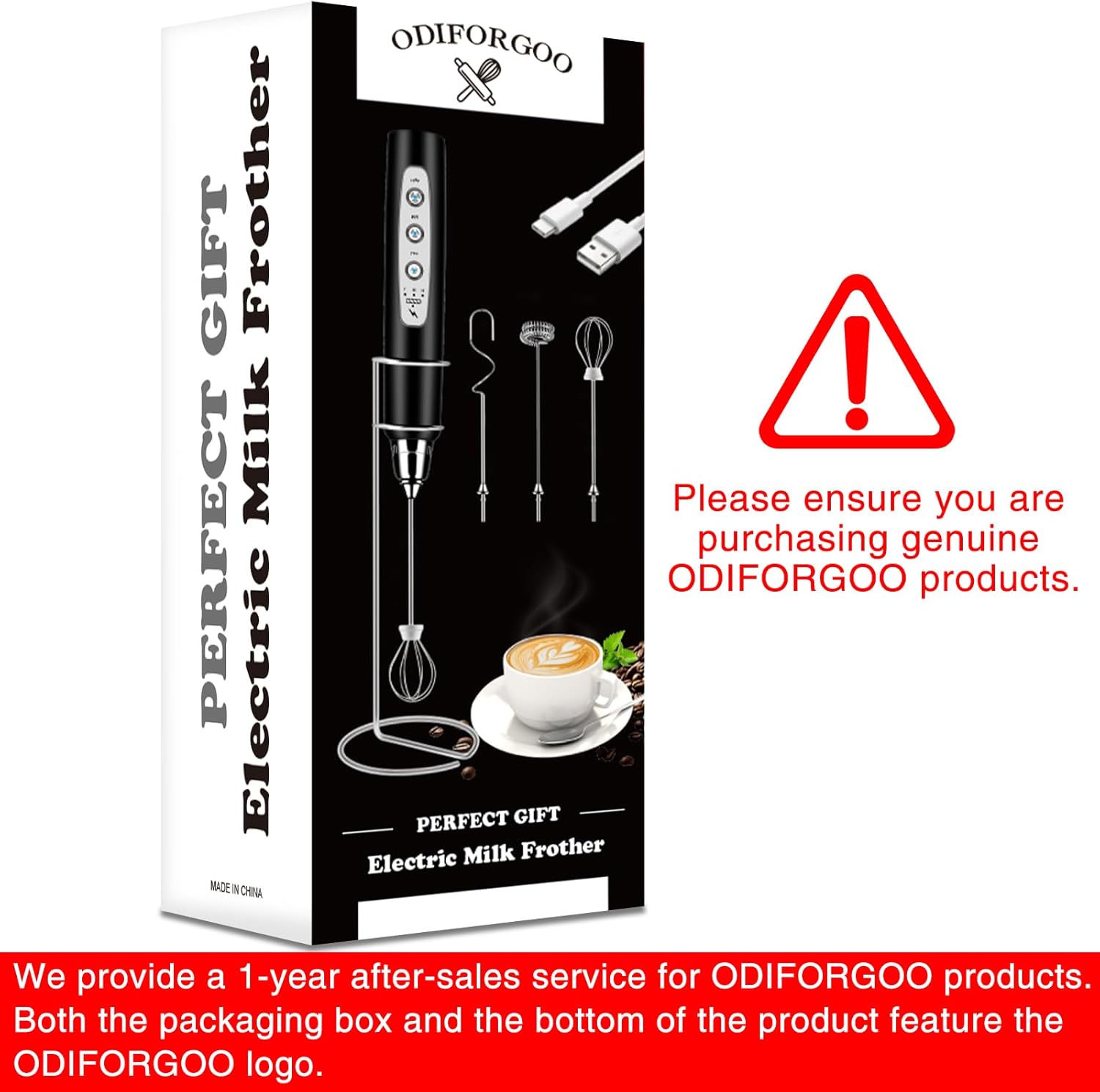 Rechargeable Milk Frother Handheld with Stand, Electric Foam Maker Coffee Frother Wand, Detachable With 3 Stainless Whisks, Drink Mixer for Lattes, Cappuccino, Matcha, Egg, Black