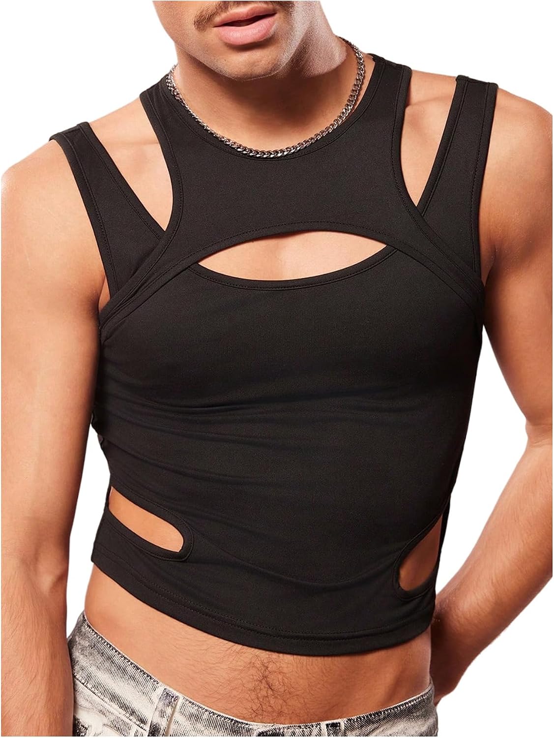 SweatyRocks Men's Cut Out Cropped Tank Tops Y2K Sleeveless Slim Fit Muscle Shirts Clubwear