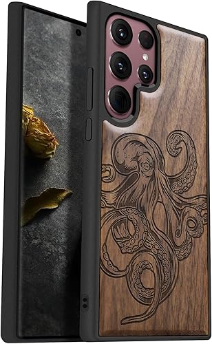 Carveit Funda de madera para Galaxy S22 Ultra 2022 madera natural y TPU suave negro a prueba de golpes, funda de madera única y elegante compatible disponible en Yaxa El Salvador